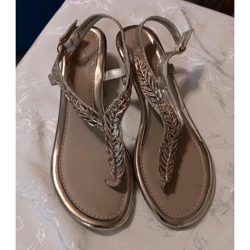 Women's NWOT Sz 10 Strappy 1.5" Wedge Sandal Shoes Gold Sparkly Nicole